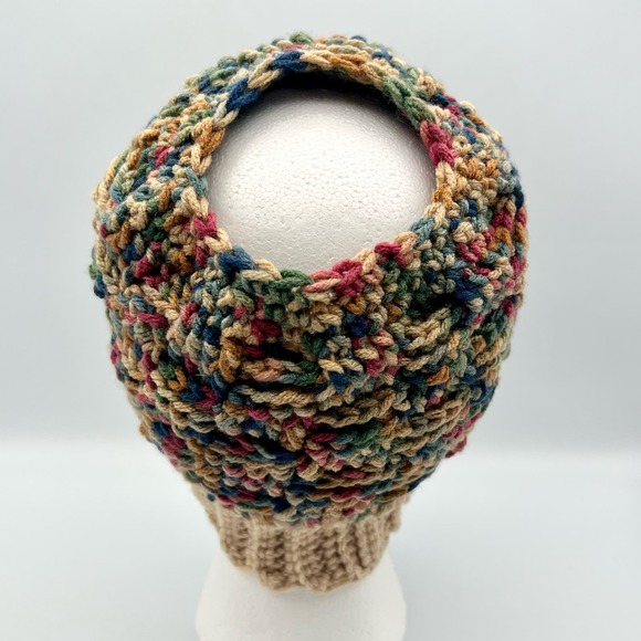 Knit Messy Bun High Ponytail Beanie Hat Basket Weave Multicolor Unlined One Size - Picture 6 of 7